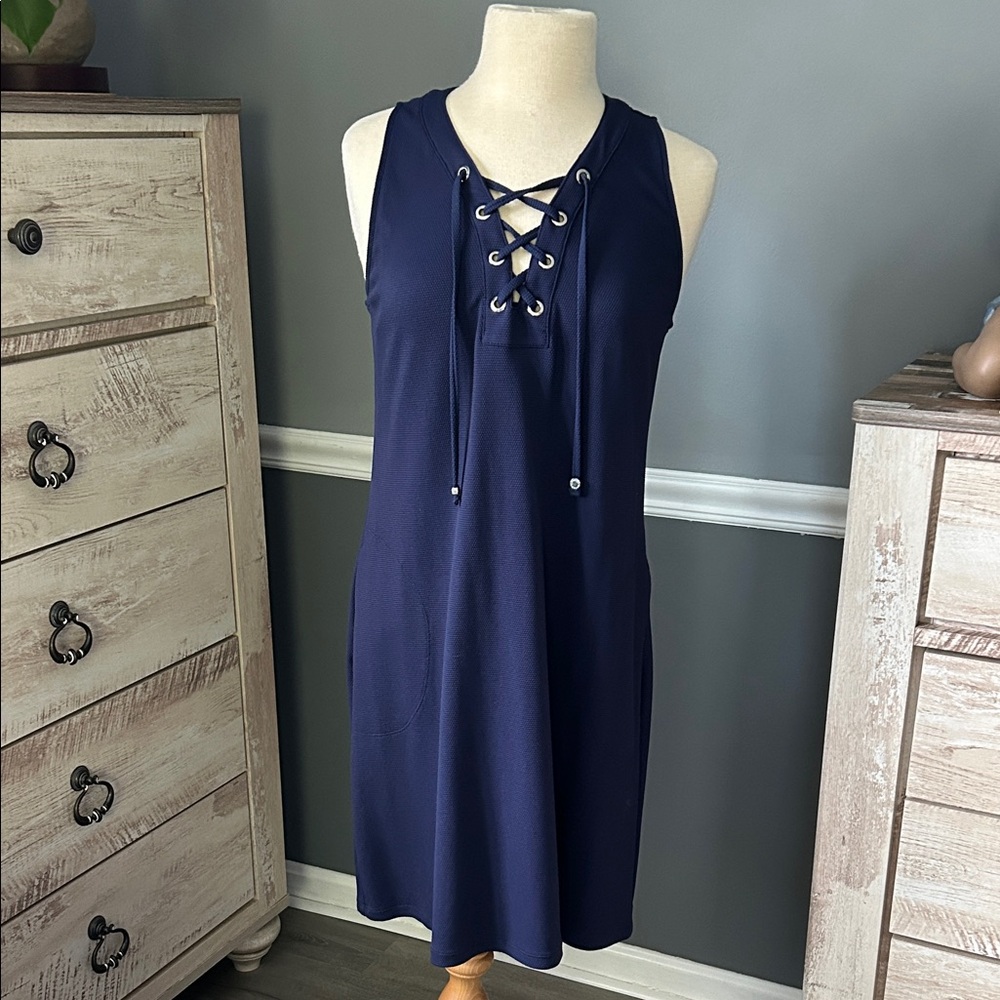 Tommy Bahama island Cays Navy Blue Lace-Up Sleeveless Dress Spa Dress Medium M